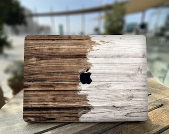 wo-Tone Wood Grain MacBook Case – Unique Split Wooden Texture Hard Shell Cover for MacBook Air 13 14 15 Pro 14 16 M1 M2 M3