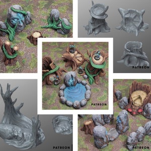 May include: A set of 3D printed miniature tree bases for tabletop gaming. The bases are made of gray resin and feature intricate details, including bark, roots, and leaves. The bases are perfect for creating unique and realistic environments for your miniature figures.