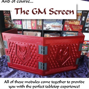 May include: A red three-panel game master screen with a dragon design and black hinges. The screen is made of a textured material and has a slight curve to it. The text "The GM Screen" is written in a decorative font above the screen.