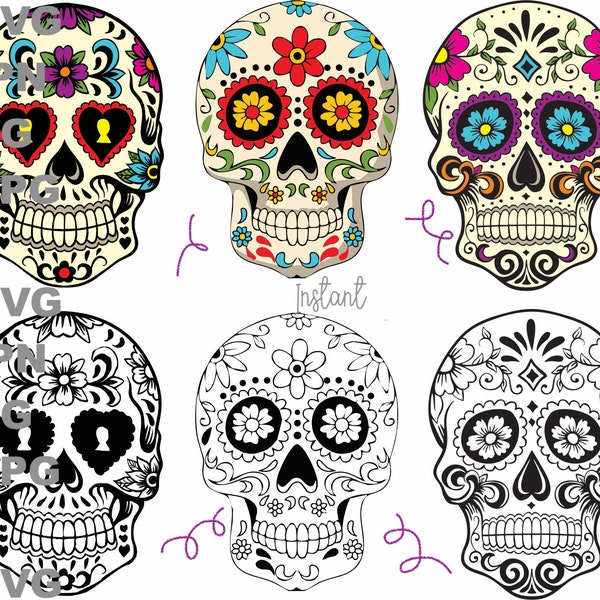 Sugar Skulls - Set of 3: SVG PNG JPG Instant Download. Easy Layers.