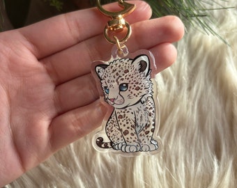 Cute Snow Leopard Clear Glitter Keychain Charm