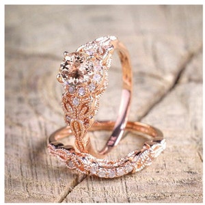 14k Rose Gold Morganite Engagement Ring Set Art Deco Morganite Wedding Ring Set Vintage Floral Style Morganite Bridal Ring Set Gift For Her