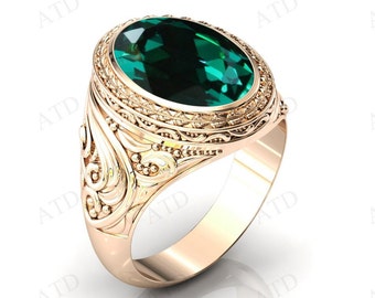 Oval Shaped Emerald Gemstone Ring For Women Rose Gold Filigree Design Ring Green Gemstone Ring 925 Silver Statement Ring Art Deco Boho Ring