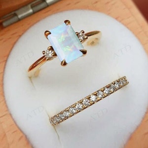 Fire Opal Wedding Ring Set For Women 14k Gold Opal Art Deco Bridal Promise Ring Set Vintage Emerald Cut Opal 2 Piece Anniversary Ring Set