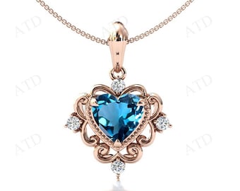 London Blue Topaz Pendant For Women Heart Shaped Blue Topaz Art Deco Pendant 14k Gold Blue Topaz Antique Necklace Anniversary Gift For Wife