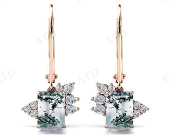 Moss Agate Earrings For Women Emerald Cut Moss Agate Green Gemstone Earrings Art Deco Women Hoop Earrings Wedding Gift Antique Earrings