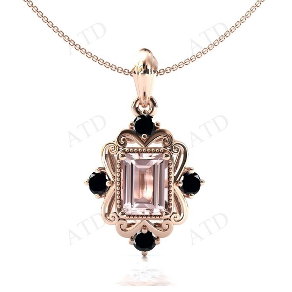 Art Deco Emerald Cut Morganite Pendant For Women Vintage Wedding Pendant Antique Filigree Design Pendant 925 Silver Handmade Pendant For Her