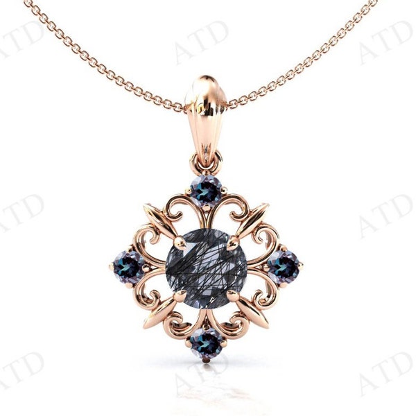 Vintage Rutile Quartz Pendant For Women Art Deco Wedding Necklace Antique Style Pendant Rose Gold Filigree Pendant Unique Statement Pendant