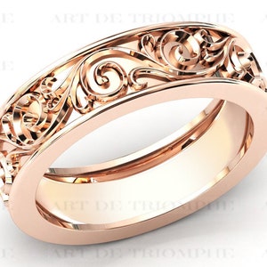 Antique Filigree Band 14k Rose Gold Filigree Wedding Band For Women Vintage Floral Engagement Band Art Deco Wedding Band Anniversary Gift