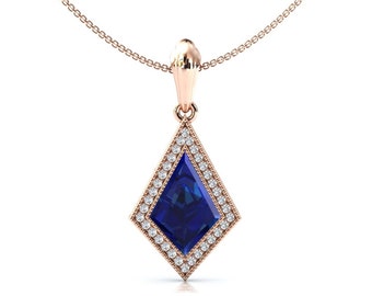 Kite Shaped Blue Sapphire Pendant For Women Art Deco Blue Gemstone Necklace Vintage Kite Shaped Blue Sapphire Necklace Rose Gold Pendant