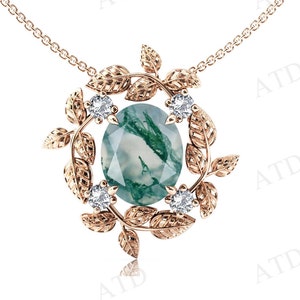 Green Moss Agate Pendant For Women Art Deco Leaf Style Pendant Rose Gold Moss Agate Wedding Necklace Unique Anniversary Gift For Women