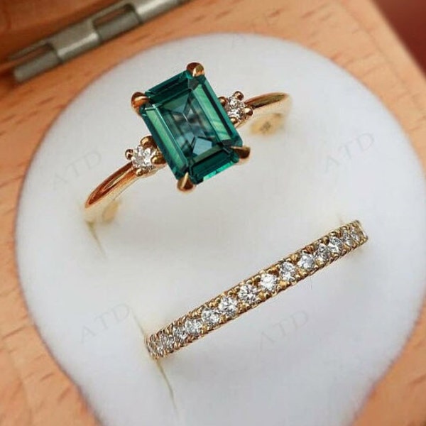 Color Changing Teal Sapphire Wedding Ring Set For Women Art Deco Bridal Promise Ring Set Vintage Teal Sapphire Engagement 2 Piece Ring Set