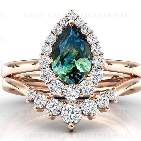 Color Changing Teal Sapphire Engagement Ring Set For Women Art Deco Teal Sapphire Wedding Ring Set Green Blue Sapphire Halo Bridal Ring Set