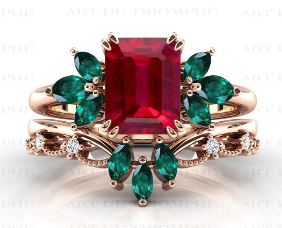 11x9mm Emerald Cut Created Ruby and 1 ctw Lab Grown Diamond Three-Stone Engagement  Ring - Grownbrilliance