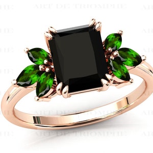 Art Deco Black Onyx Engagement Ring For Women Emerald Cut Black Onyx Wedding Ring Rose Gold Black Onyx Bridal Ring Antique Anniversary Ring