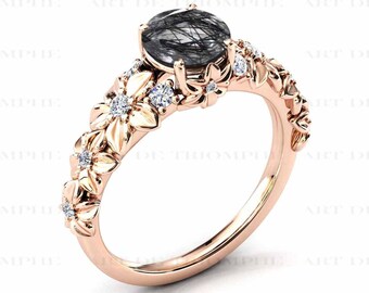 Black Rutile Engagement Ring For Women Art Deco Floral Wedding Ring 925 Silver Black Rutilated Quartz Wedding Ring Bridal Anniversary Ring