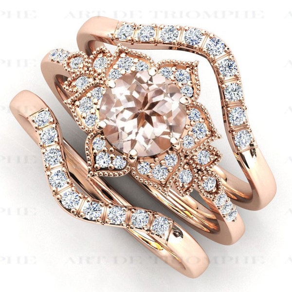 Art Deco Morganite Engagement Ring Set 14k Rose Gold Morganite Wedding Ring Set Natural Morganite Halo Bridal Ring Set Anniversary Ring Set