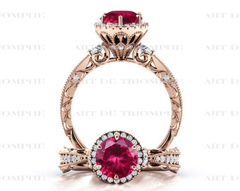 Vintage Ruby Engagement Ring For Women Art Deco Ruby Antique Wedding Ring 14k Gold Ruby Bridal Promise Ring Unique Anniversary Ring For Her