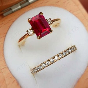 Vintage Emerald Cut Ruby Engagement Ring Set For Women Art Deco Wedding 2 Piece Ring Set 14k Gold Ruby Bridal Promise Ring Set Gift For Her