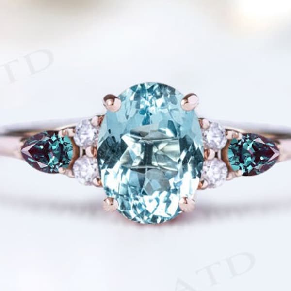 Vintage 14k Gold Aquamarine Engagement Ring Art Deco Aquamarine Wedding Ring For Women Vintage Alexandrite Ring Multi Gemstone Cluster Ring