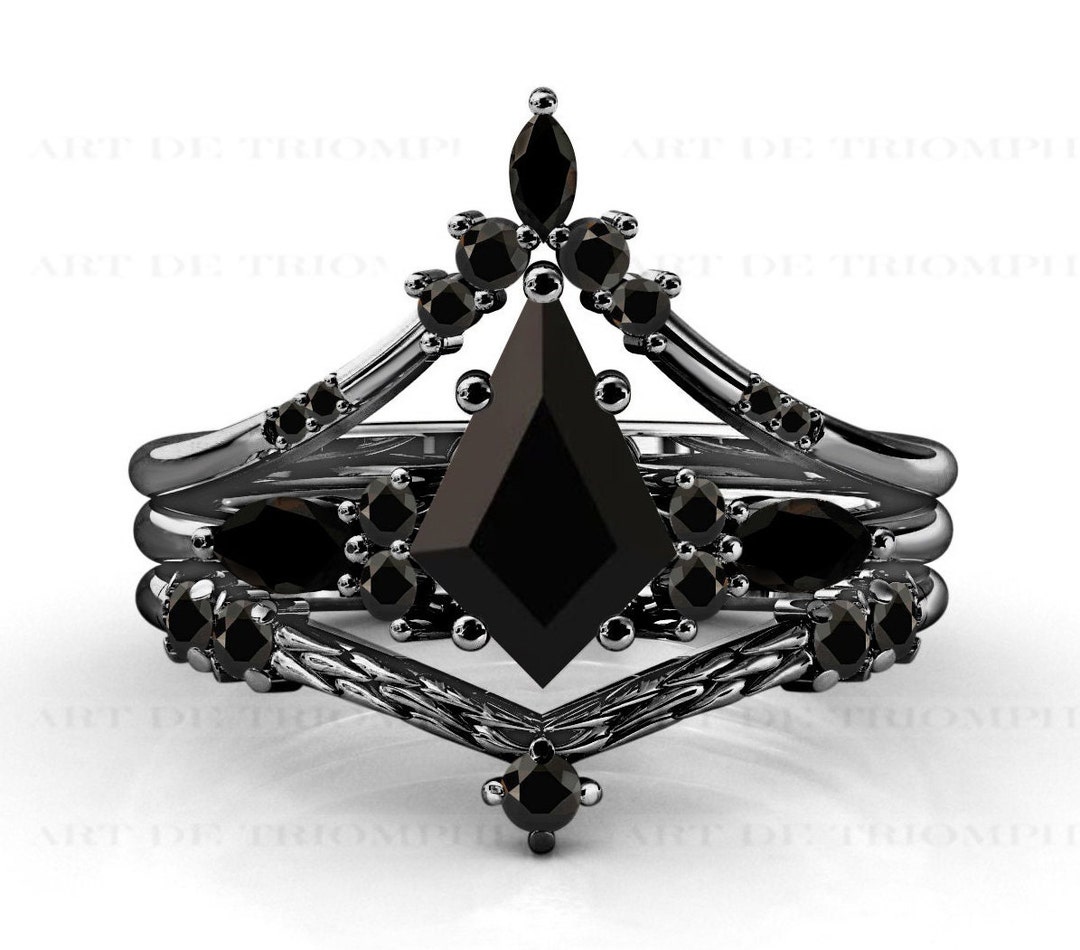 Unique Black Onyx Wedding Ring Set for Women Art Deco Black Onyx Kite Shaped Engagement Ring Set