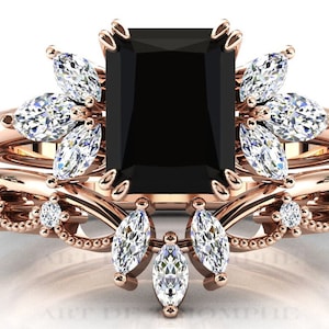 Vintage Black Onyx Engagement Ring Set 2 Piece Black Onyx Bridal Ring Set Women Art Deco Unique Emerald Cut Black Onyx Wedding Ring Set