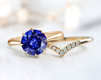 Vintage Tanzanite Wedding Ring Set For Women 14k Gold Tanzanite Engagement 2 Piece Ring Set Blue Gemstone Solitaire Ring Set Gift For Women