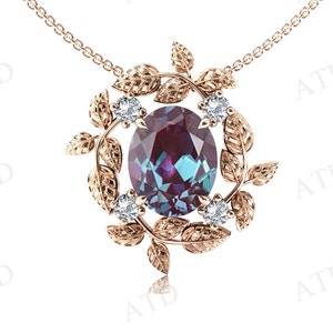 Vintage Alexandrite Pendant For Women Rose Gold Alexandrite Wedding Necklace Vine Leaf Pendant Unique Alexandrite Women Pendant Gift For Her