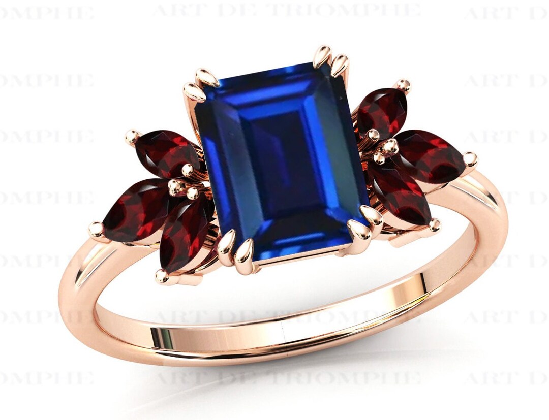 Art Deco Blue Sapphire Engagement Ring Natural Red Garnet Ring Vintage ...