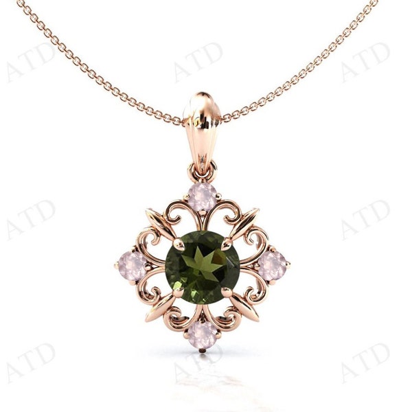 14k Gold Moldavite Pendant For Women Green Gemstone Necklace Antique Art Deco Pendant Vintage Filigree Pendant Unique Handmade Pendant