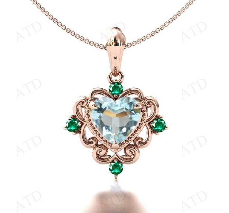 Art Deco Heart Shaped Aquamarine Pendant Women Wedding Necklace 14k ...