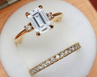 14k Gold Moissanite Engagement Ring Set Art Deco 2 Piece Wedding Ring Set Emerald Cut Moissanite Bridal Ring Set Unique Anniversary Ring Set