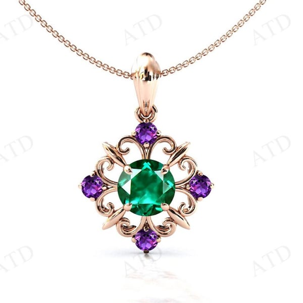 14k Gold Emerald Filigree Pendant For Women Vintage Wedding Necklace Unique Handmade Pendant Art Deco Statement Pendant Anniversary Gift