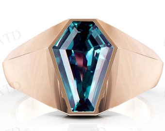 Vintage Coffin Shaped Alexandrite Signet Ring For Men Rose Gold Coffin Signet Ring Unique Statement Ring Blue Gemstone Men Ring Gift For Him