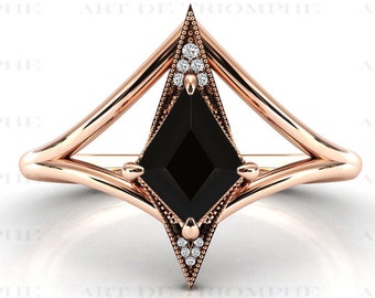 Vintage Kite Shaped Black Onyx Engagement Ring Rose Gold Black Onyx Antique Wedding Ring For Women Art Deco Kite Black Stone Wedding Ring