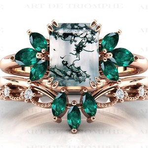 14k Gold Moss Agate Engagement Ring Set For Women Art Deco Moss Agate Wedding Ring Set Antique Emerald Ring Set Women Anniversary Ring Set