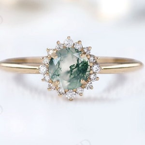 Vintage Moss Agate Engagement Ring Dainty Engagement Ring 14k Rose Gold Moss Agate Halo Wedding Ring Unique Minimalist Promise Ring For Her