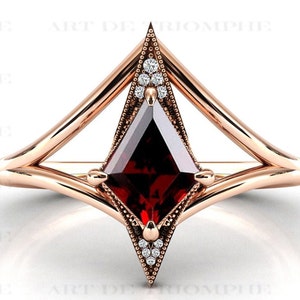 Art Deco Garnet Engagement Ring 14k Gold Garnet Wedding Ring For Women Kite Shaped Garnet Bridal Promise Ring Women Unique Anniversary Ring