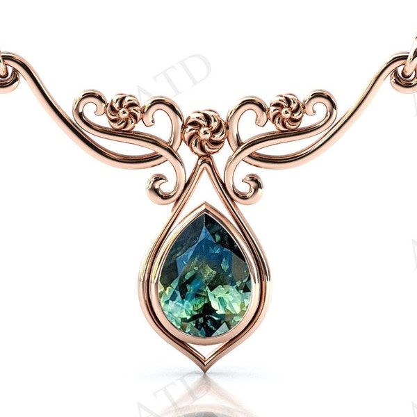 Pear Cut Teal Sapphire Pendant For Women  Color Changing Teal Sapphire Necklace Antique Floral Wedding Pendant Anniversary Gift For Women