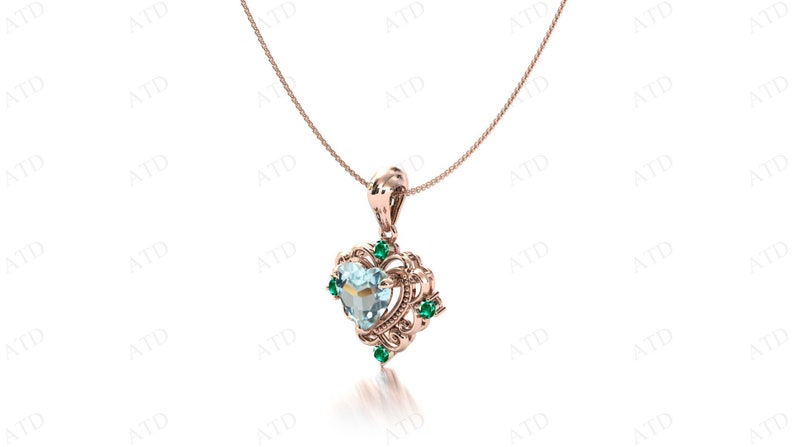 Art Deco Heart Shaped Aquamarine Pendant Women Wedding Necklace 14k ...