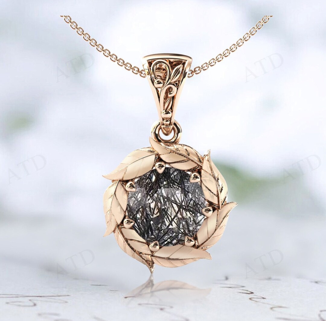Vintage Rutilated Quartz Pendant for Women Rose Gold Vine Leaf Pendant Vintage Art Deco Black