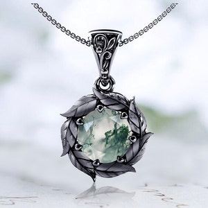 Vintage Moss Agate Leaf Necklace Antique Style Pendant 925 Silver Leaf Design Pendant Vintage Wedding Pendant Green Gemstone Pendant For Her