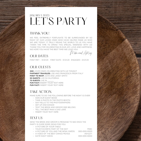 Ashley Infographic Napkin Insert Template | Wedding Day Paper | Non Traditional Menu Substitute | Wedding Program | Customizable in Canva