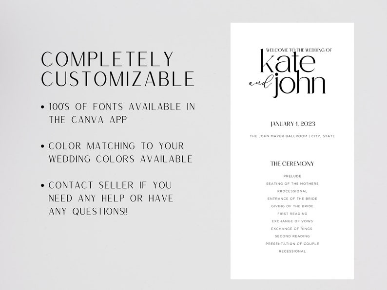 Kate Ceremony Program 2-sided TEMPLATE | Wedding Day Stationary ...