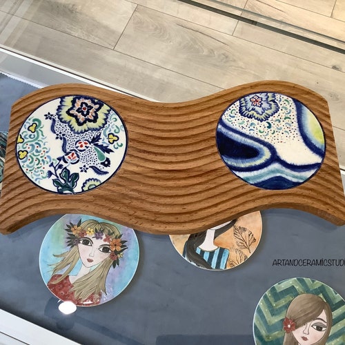 Handmade Specially Designed Cheese or Snack Board made of Wood and shops Hand-painted Tile