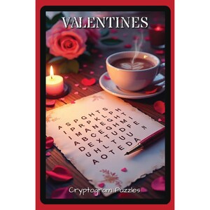 May include: A romantic image featuring a word search puzzle, a cup of coffee, a lit candle, and a rose. The puzzle is on paper with a pen. The word "VALENTINES" is at the top. A cozy scene for Valentine's Day.