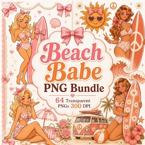 Coquette Beach Babe PNG-bundel | Retro surfpakket | Transparante digitale stickers