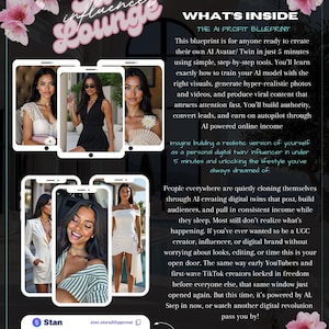 May include: An advertisement for an AI-powered influencer program. The image features a pink and white floral design, the text "AI Influencer Lounge," and several images of a woman on smartphones. The text includes information about creating an AI avatar and earning income.