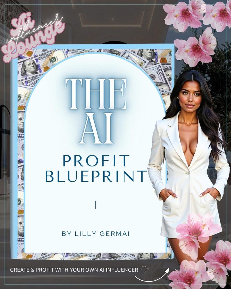 May include: A book cover with the title "THE AI PROFIT BLUEPRINT" and the author's name, Lilly Germai. The background features a collage of money and a woman in a white blazer. Pink flowers are in the foreground.