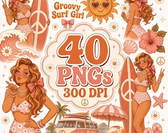 Retro Coquette Beach Girl PNG Clipart | Groovy 70s Surf (Commercial Use)